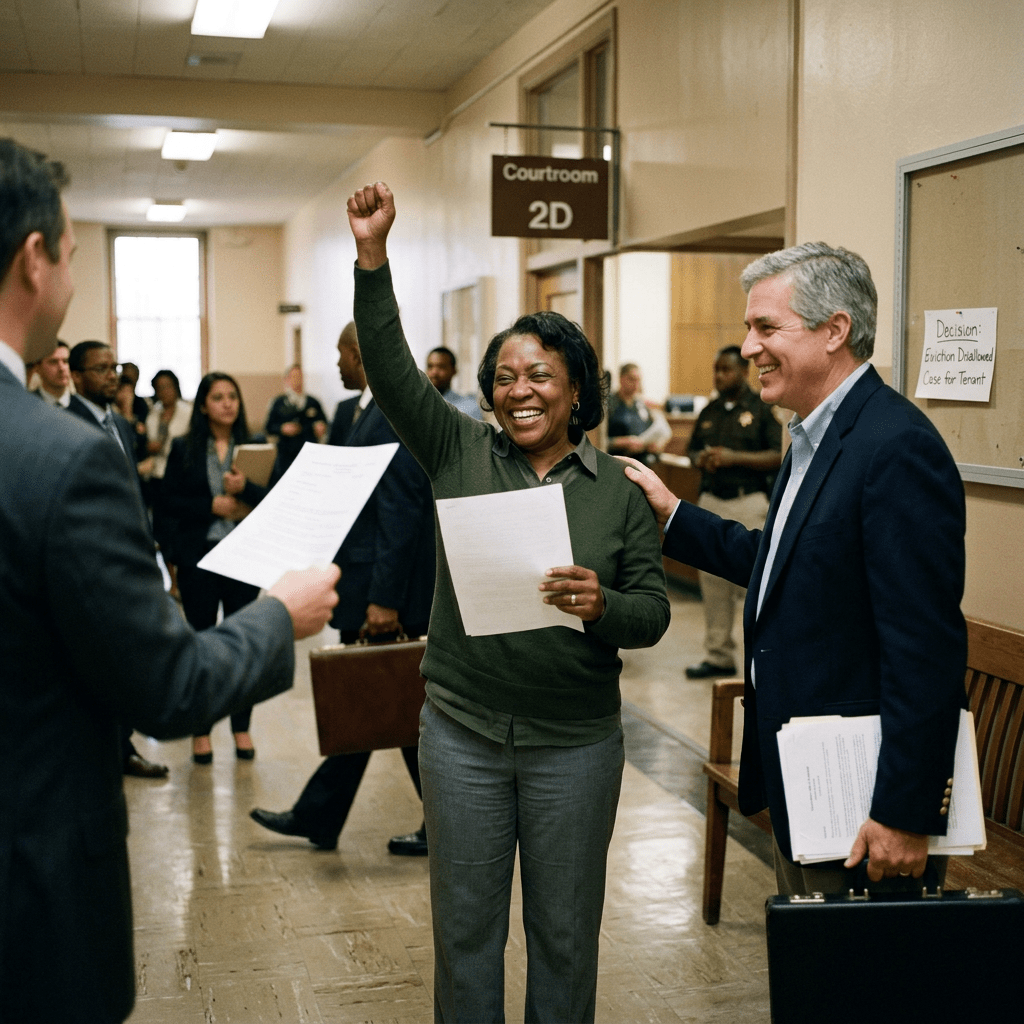 Woman raising fist in celebration holding a paper outside courtroom 2D with man smiling beside her