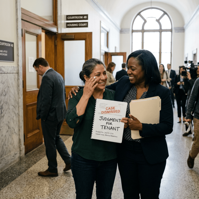 Two women smiling and hugging in courthouse hallway holding 'Case Dismissed Judgment for Tenant' document
