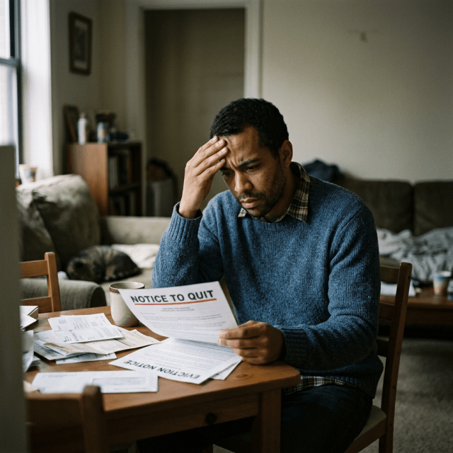Concerned tenant reading eviction notice at home